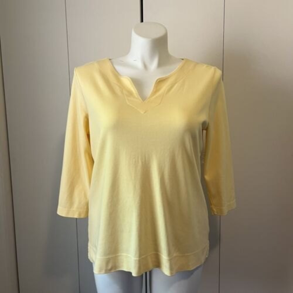L.L. Bean Womens 100% Cotton V-Neck Notched 3/4 Sleeve Tee Solid Yellow XL Reg